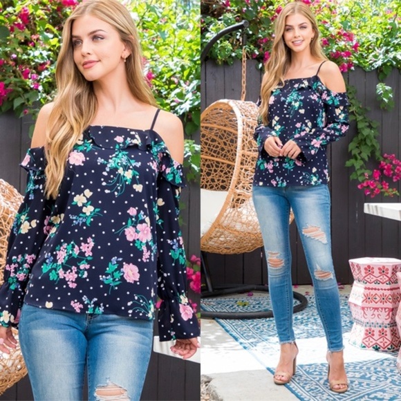 NEW COLD OFF SHOULDER POLKA DOT RUFFLE DETAIL SPAGHETTI‎ STRAP FLORAL NAVY TOP - Picture 3 of 10